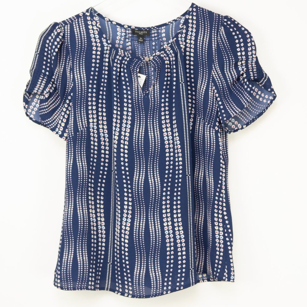 Talbots Floral Stripe Top Short Sleeve Blouse Shirt Blue Petite Small NWT - Picture 2 of 6